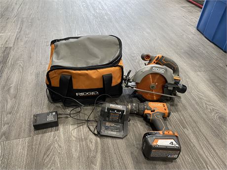 RIDGID SAW & DRILL W/ BATTERIES, CHARGER, & CARRYING CASE (WORKS)