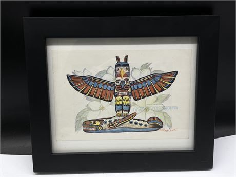 FIRST NATIONS FRAMED TOTEM POLE ART KWAKAITL GRAVE FIGURE 12”x10”