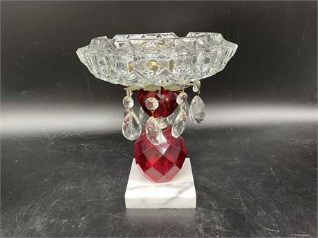 1950’s MARBLE BASE RED CRYSTAL ASHTRAY 8” TALL