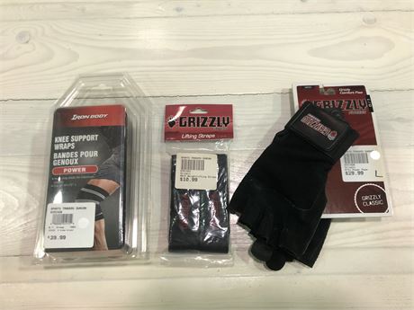 KNEE SUPPORT WRAPS, GRIZZLY LIFTING STRAPS / WEIGHT LIFTING GLOVES RETAIL $80