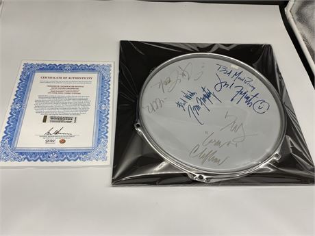 CREEDENCE CLEARWATER BAND SIGNED DRUMHEAD MOUNTED ON CHROME DRUMHOOP (COA)
