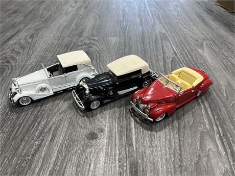 3 SMALL DIE CAST CARS - 6”