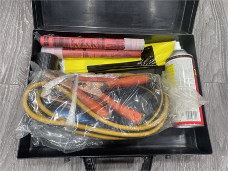 AUTO SAFETY KIT (CASE) JUMPER CABLES / FLARES / TIRE MFLATE / ETC
