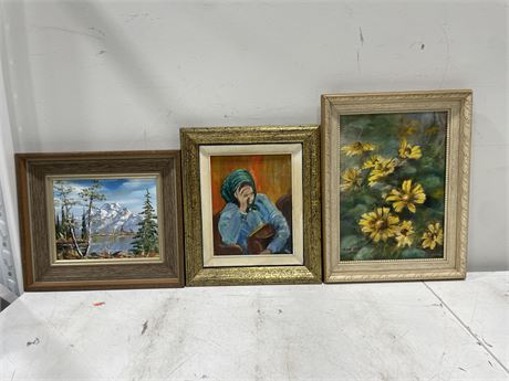 3 VINTAGE SIGNED OIL PAINTINGS (LARGEST 22”x17”)