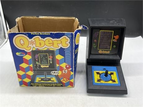 VINTAGE Q-BERT TABLE TOP ARCADE GAME W/ORIGINAL BOX (9” tall)