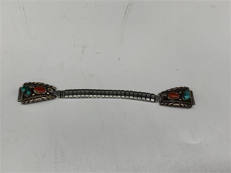 VINTAGE NAVAJO WATCH BAND W/TURQUOISE CORAL ACCENTS