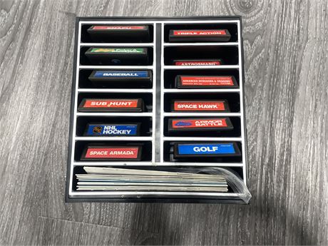 12 INTELLIVISION GAMES IN STORAGE RACK (WITH OVERLAYS)