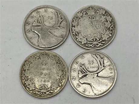 4 OLD SILVER QUARTERS
