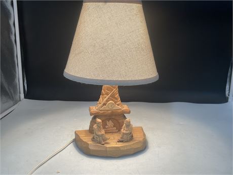 CARVED WOOD QUEBEC FOLK ART LAMP - SIGNED D DAIGLE (WORKS) 13”