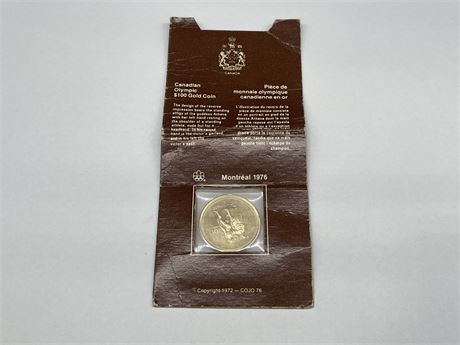 1976 CANADIAN OLYMPIC $100 GOLD COIN IN ORIGINAL PACKAGE *GOLD SPECS IN PHOTOS*