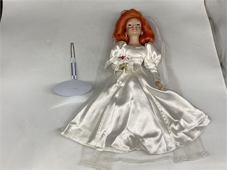 BRIDE LITTLE MERMAID PORCELAIN DOLL W/STAND (16” Tall)