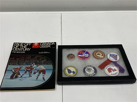 7 VINTAGE SPORT PINS IN CASE & 1972 CANADA VS RUSSIA HOCKEY BOOK