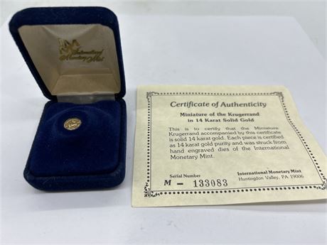 14K SOLID GOLD MINIATURE KRUGERRAND COIN WITH CERTIFICATE