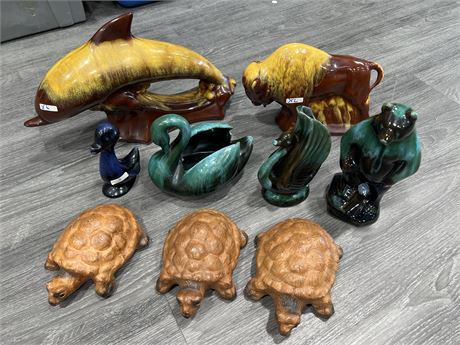 3 VINTAGE LEATHER TURTLES + 6PCS OF VINTAGE ANIMAL POTTERY - DOLPHIN IS 15” LONG