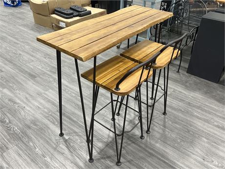 WOOD BAR TOP TABLE W/2 HIGH STOOL CHAIRS (Table measures 18”x47”x40” tall)