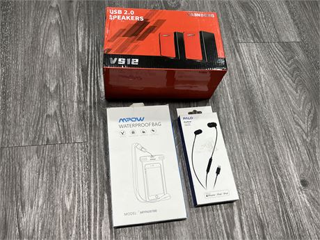 NEW USB SPEAKERS, EARPHONES & WATERPROOF BAG - TOTAL RETAIL $94.99