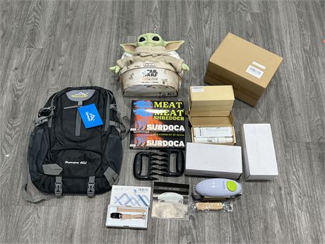 LOT OF AMAZON GOODS - NEW BACKPACK, BABY YODA, MEAT SHREDDERS & ECT