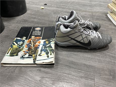 SIZE 12 NIKE FOOTBALL CLEATS & VINTAGE ESSO NHL STICKER BOOK