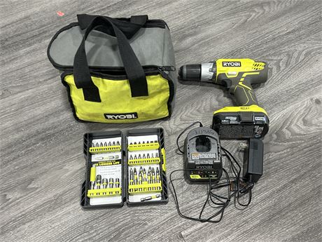 RYOBI DRILL W/BATTERY, CHARGER & DRILL BITS - WORKS