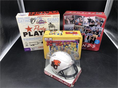 BOARD GAMES AND A SIGNED BC LIONS MINI HELMET