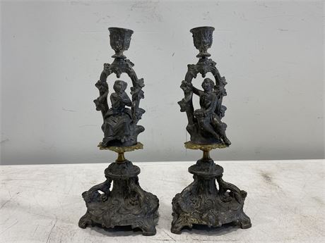 EARLY PEWTER & BRASS CANDLE STICK HOLDERS (12”)