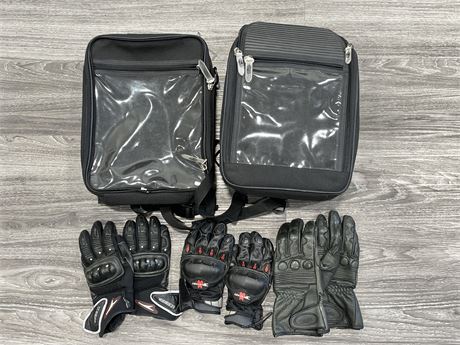 MOTORCYCLE TANK BAGS W/ 3 PAIRS OF GLOVES