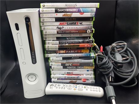 XBOX 360 CONSOLE, ACCESSORIES AND GAMES - NO CONTROLLER