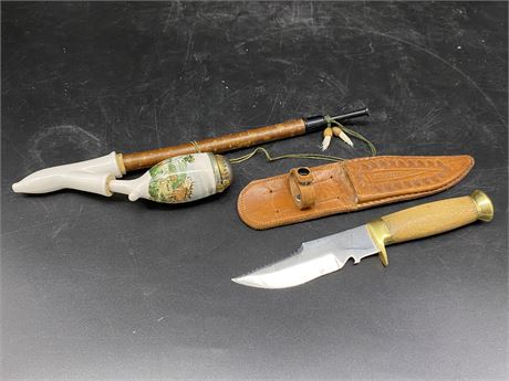 WOOD/STEEL KNIFE WITH LEATHER CASE & PORCELAIN PIPE W/WOOD STEM