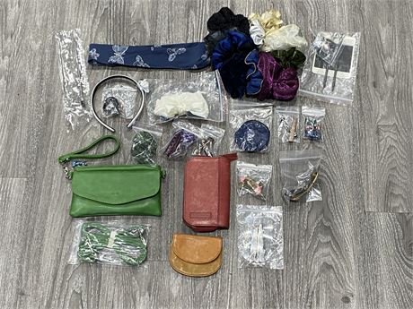 26PC HAIR PIECES & 3 WALLETS - FOSSIL BRAND, SCRUNCHIES, ETC.