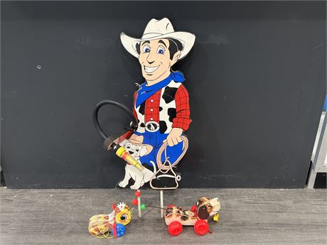 VINTAGE COWBOY LAWN SPRINKLER + 2 EARLY WOODEN FISHER PRICE PULL TOYS