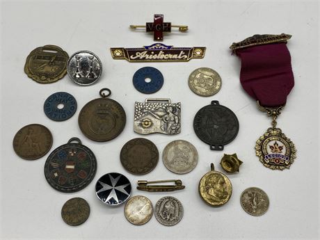 MIXED ANTIQUE SILVER MEDALS, BADGES, COINS & MORE