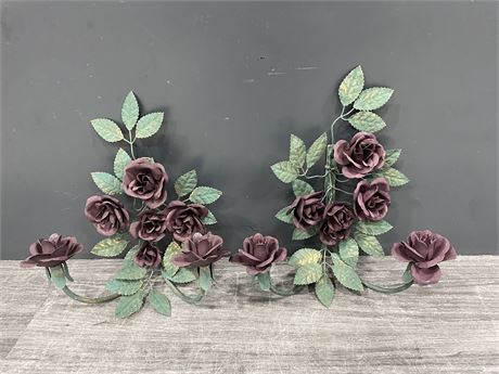 2 METAL ROSE CANDLE HOLDERS - 1FT TALL
