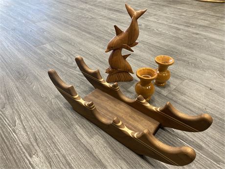 LOT OF WOODEN HOME ITEMS-WINE RACK,DOLPHINS, VASES