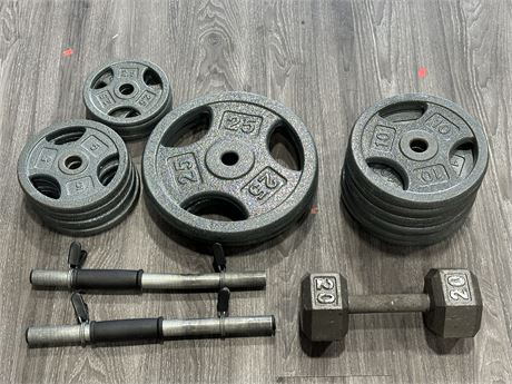 100LBS OF FREE WEIGHTS + 2 BARS & 20LB DUMBBELL