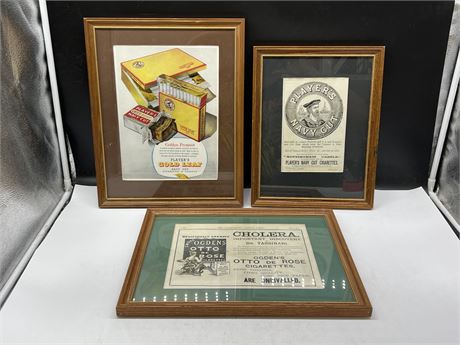 3 VINTAGE FRAMED SMOKING ADVERTS (Largest is 12”x16”)