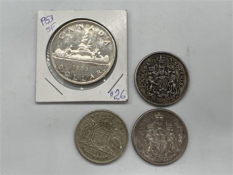 4 VINTAGE SILVER COINS INCLUDING 1953 CDN DOLLAR