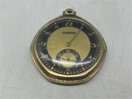VINTAGE BULOVA GOLD PLATED POCKET WATCH - GLASS NEEDS TO BE REATTACHED