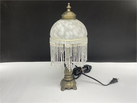 VINTAGE METAL LAMP W/GLASS SHADE & TASSELS (14” tall)