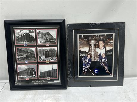NHL ORIGINAL 6 SPORT ARENAS FRAMED PICTURE & FRANK MAHOVALICH PICTURE (13”x15”)