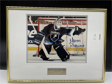 FRAMED SIGNED THE FIRST LADY OF HOCKEY MANON RHEAUME WITH COA 16”x12”