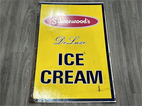 VINTAGE DOUBLE SIDED SILVERWOODS ICE CREAM METAL SIGN - 23” X 35”
