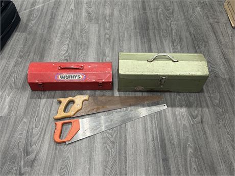2 VINTAGE METAL TOOL BOXES WITH CONTENTS & 2 SAWS