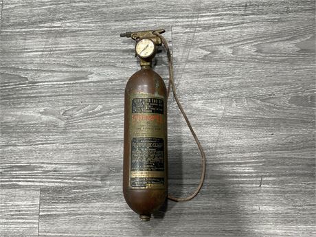 ANTIQUE COLLECTABLE COPPER FIRE EXTINGUISHER - 16”
