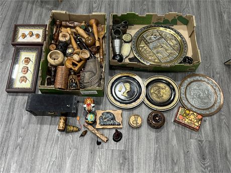 LOT OF WOOD CARVINGS, METAL WALL DECOR, MISC DECORATIONS, ETC