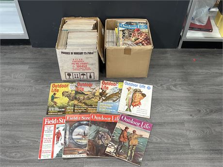 2 BOXES OF EARLY OUT DOORS MAGAZINES - MOSTLY FIELD & STREAM / OUTDOOR LIFE