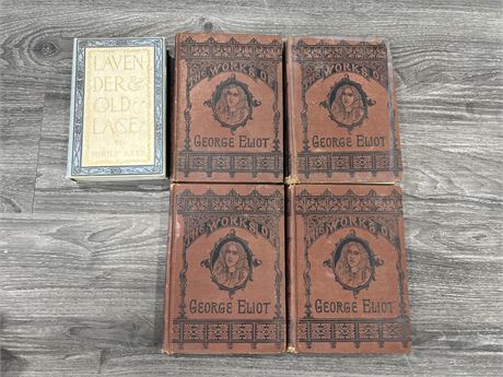 5 ANTIQUE BOOKS - LAVENDER & OLD LACE + THE WORKS OF GEORGE ELIOT