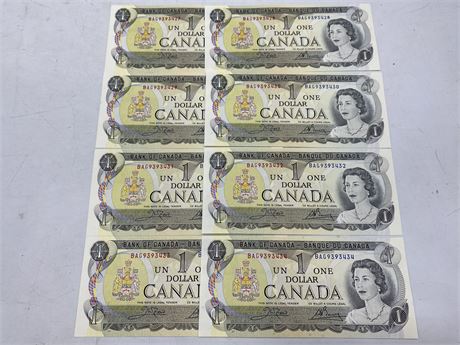 8 MINT STATE SEQUENTIAL 1973 DOLLAR CANADIAN BILLS