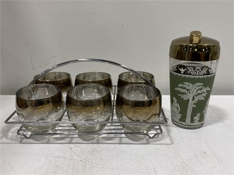 6 SMOKED GLASS COCKTAIL GLASSES IN CADDY & COCKTAIL MIXER