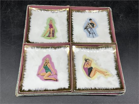 VINTAGE SET OF 4 PIN UP GIRL DISHES 4”x4”