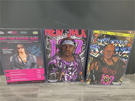 3 SIGNED WRESTLING POSTERS IN SLEEVES (17.5”x11.5”)